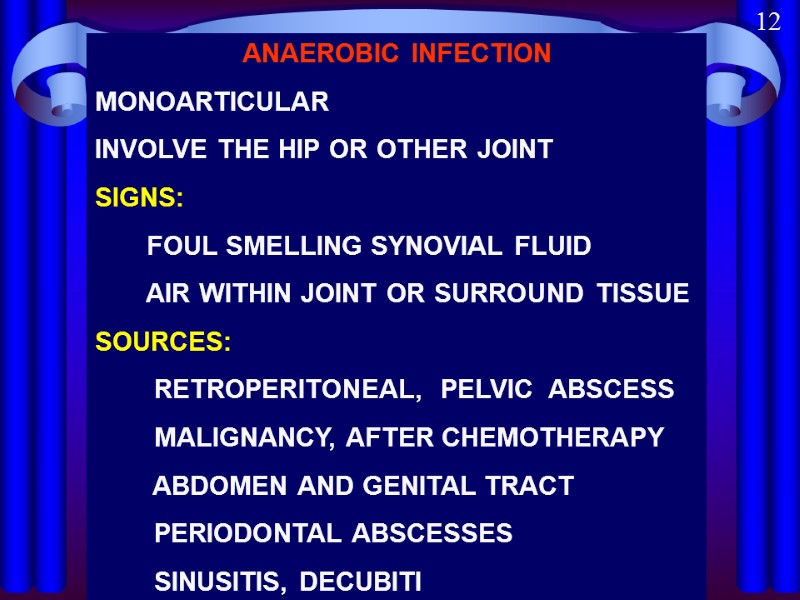 ANAEROBIC INFECTION MONOARTICULAR INVOLVE THE HIP OR OTHER JOINT SIGNS:    